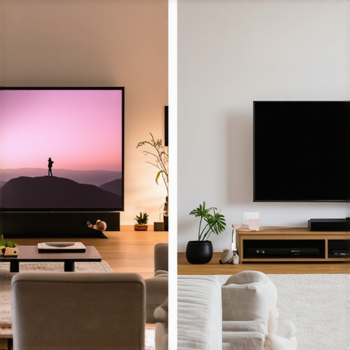 A visual comparison showing a 120-inch projector screen next to an 85-inch television in a dimly lit home theater.