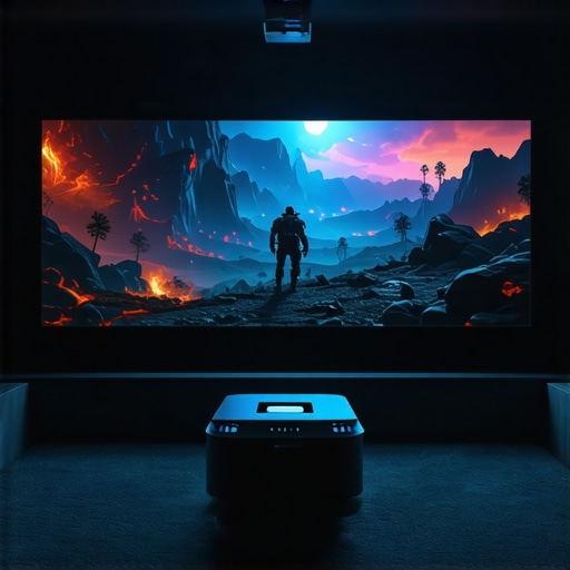 Real-World 4K Projector Performance Test A high-end laser projector displaying a gaming scene in a home theater setting.