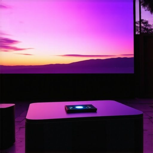 Real-world outdoor projector performance test A 4K laser projector being tested for brightness and thermal stability in a backyard setting at twilight.