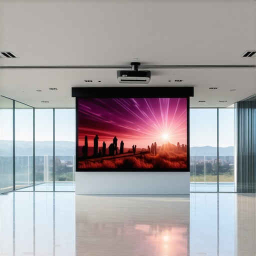 A motorized projector screen lowering in a bright living room showing a clear 4K image.