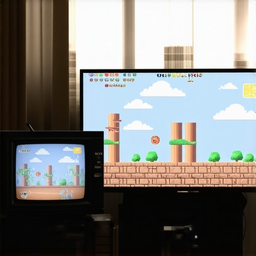 Comparison of a small CRT TV and a large projector screen for retro gaming.