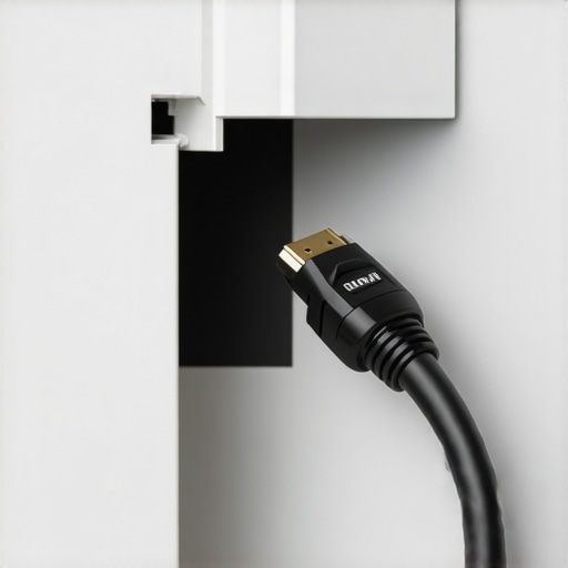 A thick HDMI 2.1 cable inside a professional wall raceway.