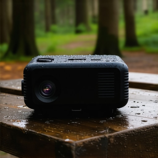 Close-up of a ruggedized portable projector showing water resistance and rubberized protection
