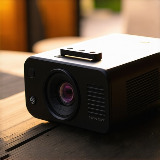 Close-up of a portable projector with an integrated handle and manual lens shutter.