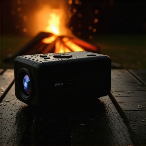 A rugged portable projector surviving wet conditions on a campsite table.