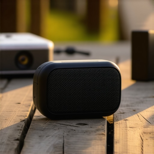 Close-up of a rugged portable speaker on a wooden table