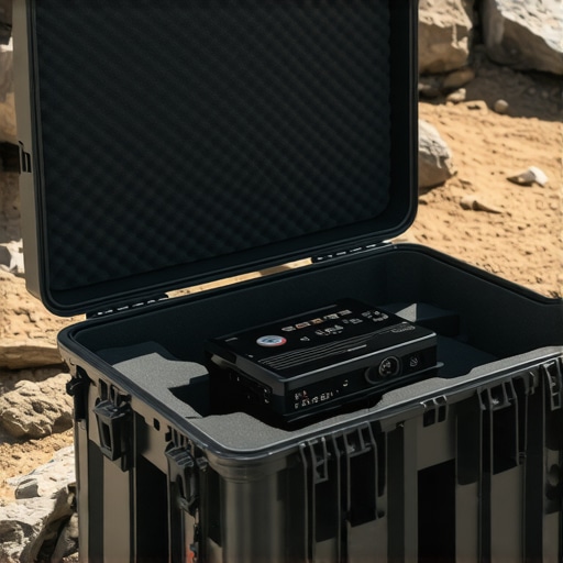 A hard shell projector case open on a gravel road showing internal foam protection.