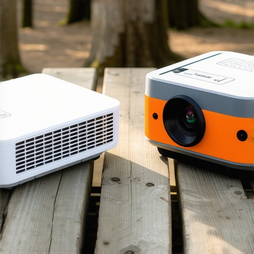 Comparison between a rugged outdoor projector and a standard portable lifestyle projector on a wooden table.
