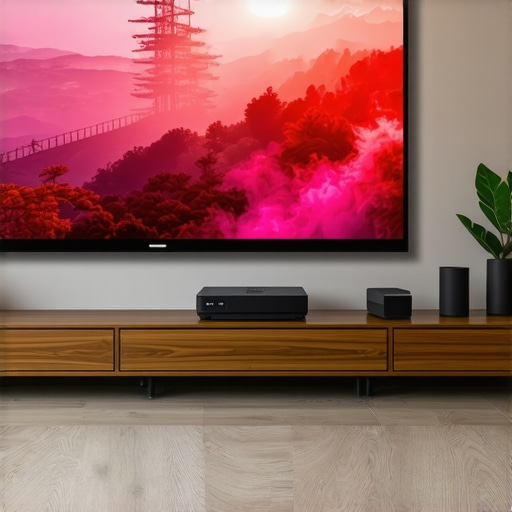 A 4K Ultra Short Throw projector on a media cabinet projecting a large screen image.