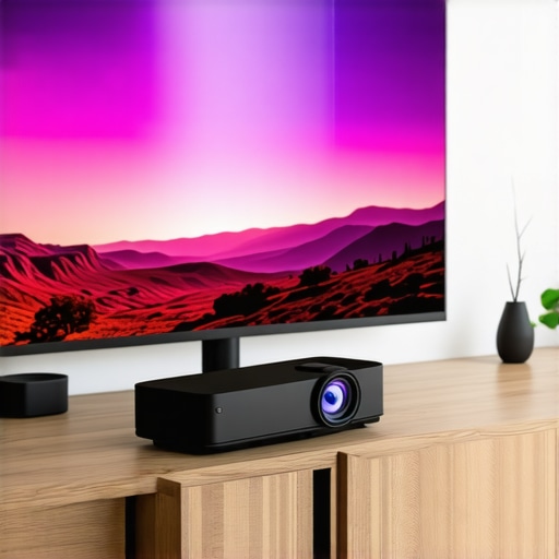 Setting up a UST laser projector in a bright room Close-up of a sleek ultra short throw projector on a media console with a 4k image on the wall