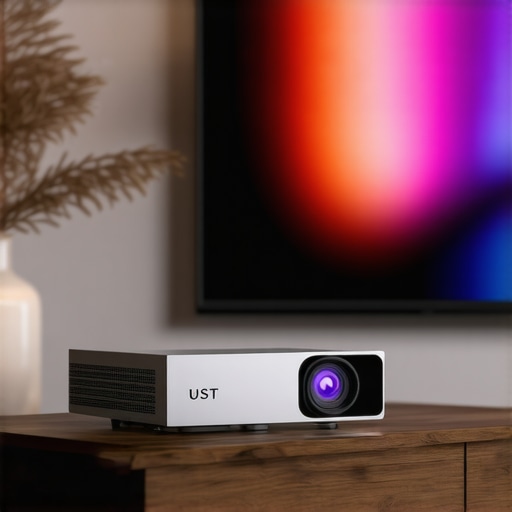 Close-up of an Ultra Short Throw laser projector positioned on a minimalist TV stand.