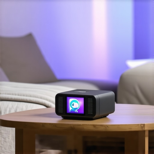 Smart Projector Auto Keystone Correction in Action A portable projector automatically adjusting its image on a living room wall.