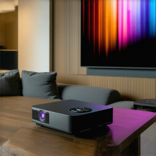 Smart Projector UI and Build Quality Review Close-up of a premium laser projector displaying a smart interface on a large wall.