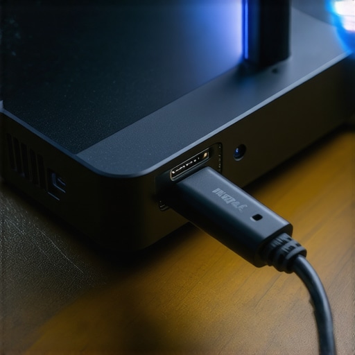 Streaming Stick Connected to Projector HDMI Port Close-up of a streaming stick plugged into the back panel of a smart projector showing tight port spacing.