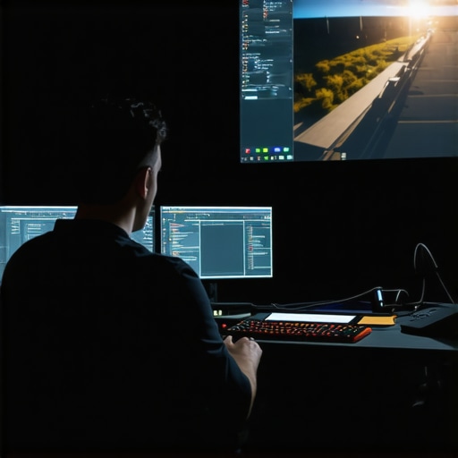 A professional video editing setup using a portable laser projector in a studio.