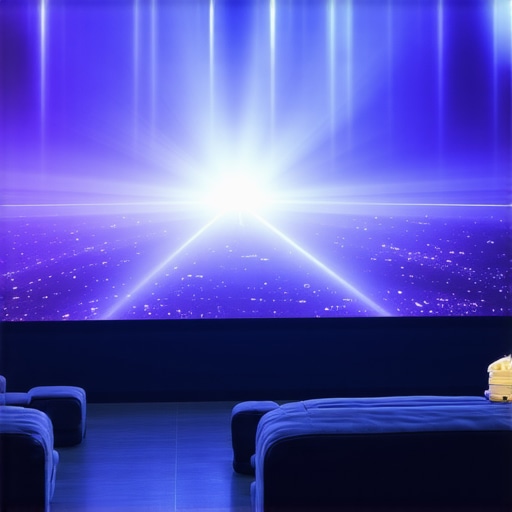 A high-end 4K laser projector displaying a vibrant action scene in a dedicated cinema room.