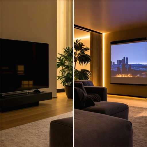 Side-by-side view of a large LED TV and a 120-inch 4K laser projector screen.