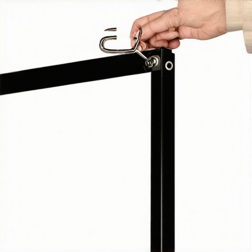 Close up of a hand using a tool to attach a spring to a projector screen frame