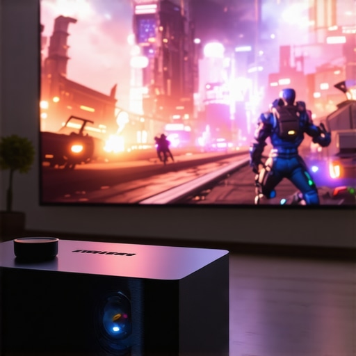 Testing 4k Projector Performance in Gaming A modern 4k projector used for gaming on a large wall