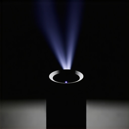 Testing Projector Performance in Humidity Close up of a 4K projector lens operating in a humid outdoor environment with light beams visible.