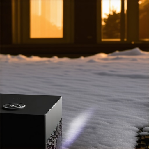 Testing UST Projector Performance in Winter A laser projector displaying holiday graphics on a house exterior during a snowstorm.