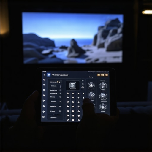 A person using a tablet to control a 4K home theater projector and audio system in a dark room