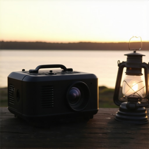 A high-quality portable projector on a camping table showing its rugged build.