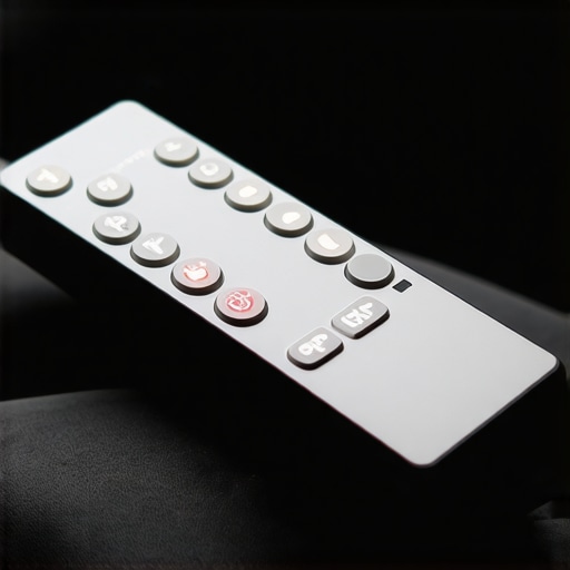 The Ergonomics of Modern Projector Remotes Close-up of a backlit smart projector remote control on a sofa