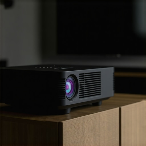 Detailed view of a high-end laser projector lens and heat management system.