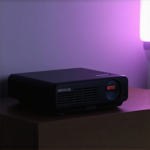 The seamless Netflix interface on a portable projector A portable smart projector displaying the Netflix home screen with high clarity in a bedroom setting.