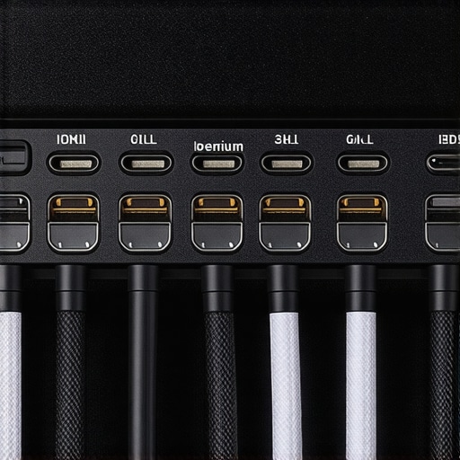 A close-up view of a projector's rear connectivity panel with multiple cables plugged in.