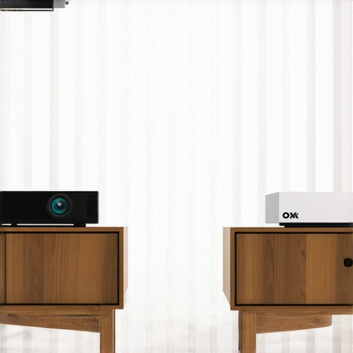 A visual comparison showing a ceiling-mounted home theater projector versus a furniture-based UST projector in a modern home.