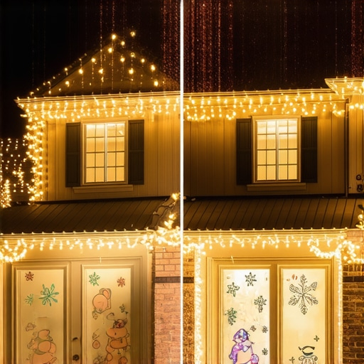 Traditional Holiday Lights vs. Digital Projection Mapping Comparison A split screen showing the difference between classic LED string lights and a high-tech projector display on a house exterior.