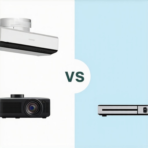 Traditional Long-Throw vs Ultra-Short Throw Projector Comparison Diagram comparing ceiling-mounted traditional projector layout and media console ultra-short throw projector setup