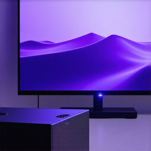 Close-up of laser projector light reflecting on an uneven roll-up screen surface