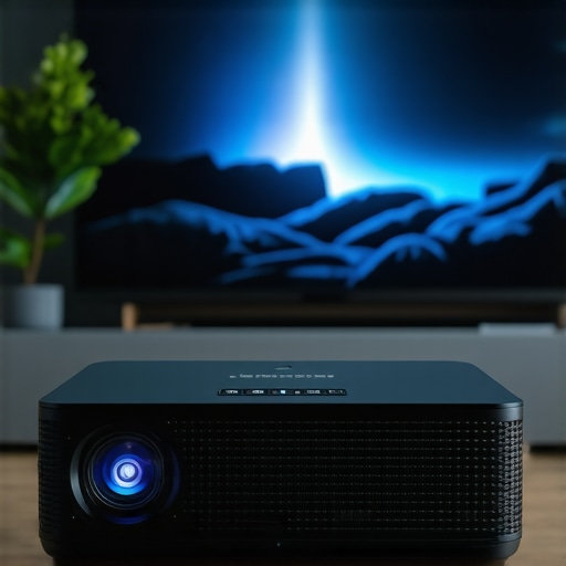 Ultra short throw projector displaying an alignment grid on a wall with minor distortion.