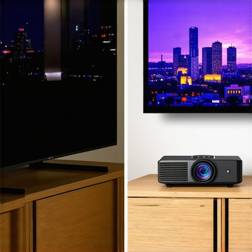 Comparison of a reflective large screen television and a matte ultra short throw projector image in a studio.