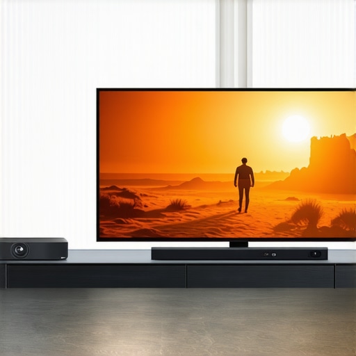 UST Projector vs Large Flat Screen TV Comparison Comparing an ultra short throw projector on a media console with a giant flat screen television in a bright living room.