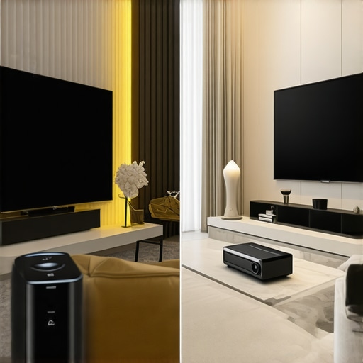 UST Projector vs Large Screen TV Comparison Comparison between a UST projector and a large flat screen television in a living room.