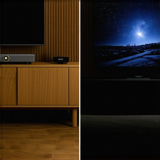 UST Projector vs Large Screen TV Comparison Comparison between a 120-inch UST projector image and a traditional 85-inch television in a home theater setting.