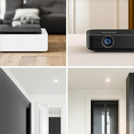 Infographic comparing the installation of an ultra-short-throw projector versus a traditional ceiling-mounted projector in a living room.