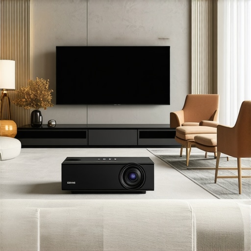 A comparison showing the screen size difference between a UST projector and a large flat-screen TV in a bright room.