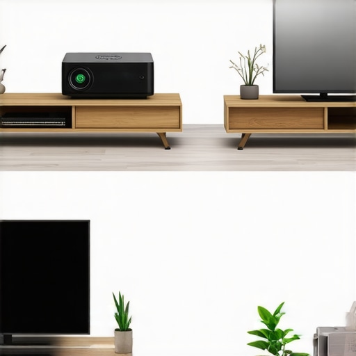Comparison between an ultra short throw projector setup and a traditional large screen television in a modern living room.