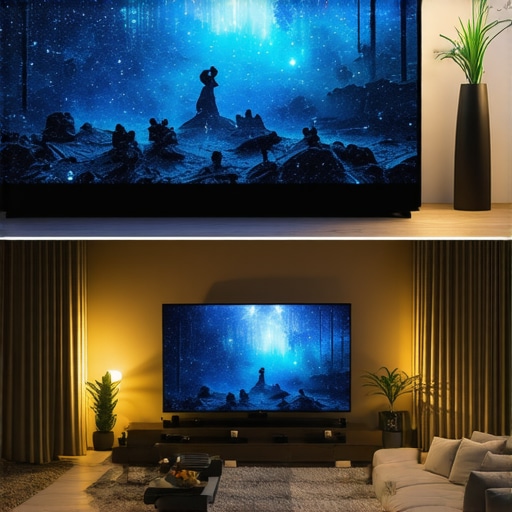 UST Projector vs Standard TV Size Comparison Comparison of a 120-inch projector screen and a 65-inch television in a home theater setting.