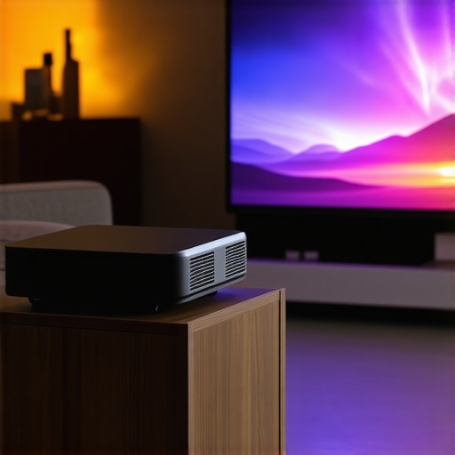 Comparison of a modern ultra-short throw projector and a traditional ceiling-mounted projector in a home theater setting.