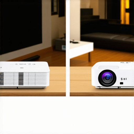 A visual comparison between an ultra-short throw projector and a traditional long-throw projector showing distance requirements.