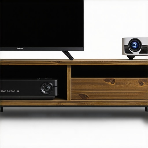 Visual comparison of an ultra-short throw projector next to a standard long-throw 4K home theater unit.