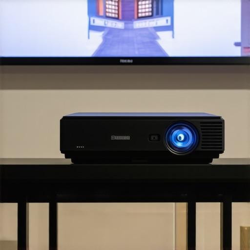 A professional UST projector setup showing precise alignment on a difficult vaulted ceiling.