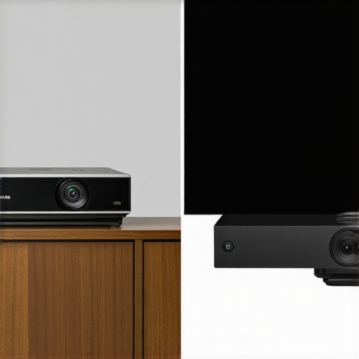 Visual comparison between a modern UST projector and a traditional ceiling-mounted projector installation.