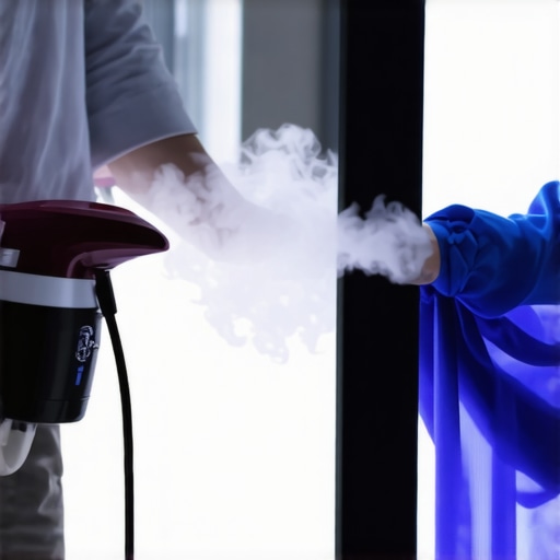 Using a Steamer to Remove Projector Screen Waves A handheld steamer being used to smooth out wrinkles on a vinyl projector screen surface.